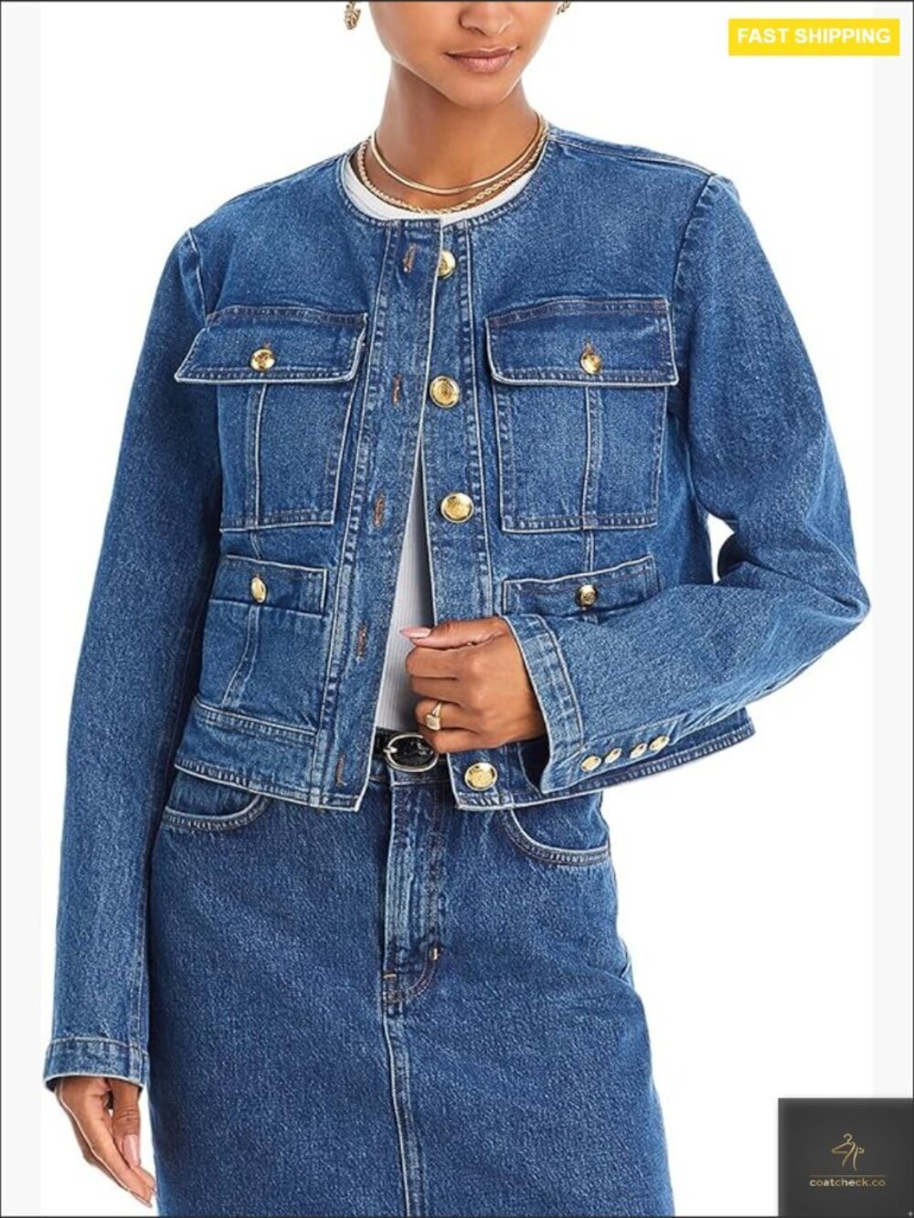 Cropped Denim Jacket Classic Vintage Chic Button Down Long Sleeve